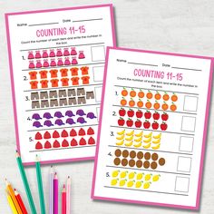 two counting worksheets with colored pencils next to them