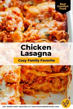 chicken lasagna casserole in a white dish with the title overlay