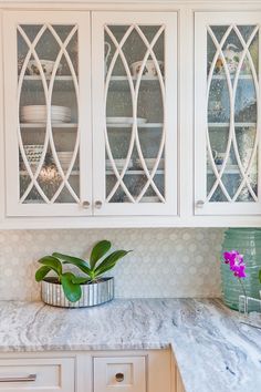 a kitchen with white cabinets and marble counter tops, along with a potted plant