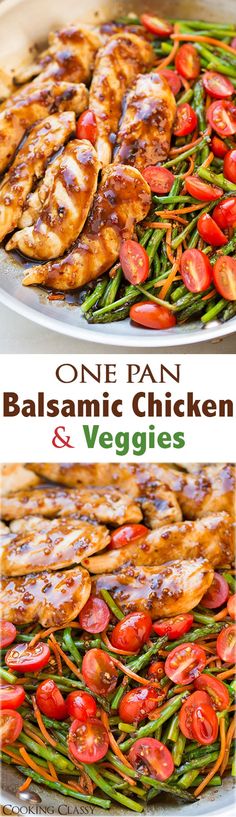 one pan balsamic chicken and veggies on a platter with text overlay