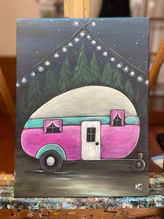 an acrylic painting of a pink camper