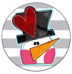 a sticker with a snowman wearing a hat and hearts on it's head