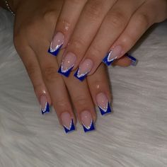 Nails Design French Tip Ideas Blue, Nail Ideas Acrylic Blue And White, Trendy Nails Navy Blue, Cute Nails Navy Blue, Nails For Blue Hoco Dress, Blue Nails Homecoming, Homecoming Nails Acrylic Blue, Blue And White Nails French Tip, Royal Blue Formal Nails