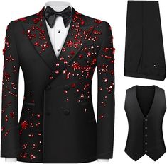 Generic Men's Luxury Slim Fit 3 Pieces Suits, Jewel Decoraction Jacket Vest Pants Suit Set for Party Prom Wedding Groom, X-Large, Ivory Red Beads at Amazon Men’s Clothing store Red Prom Outfits For Guys, Red Prom Suits, Prom Suits For Men Red, Black And Red Prom Suits, Red Suit Men, Black Red Suit, Red Prom Suit, Red Tux