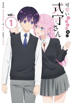 two people in school uniforms standing next to each other with pink hair and blue eyes