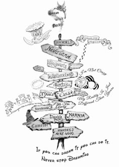 a black and white drawing of a sign post with many different signs attached to it