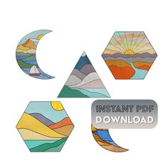 four different stained glass designs with the moon, sun and mountains in each one's center