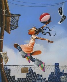 a painting of a person jumping in the air with a ball and skateboard on their feet