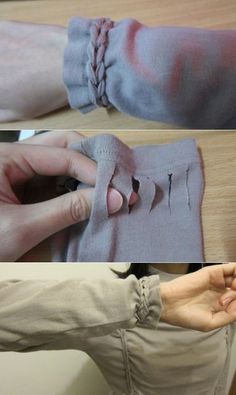 two pictures showing how to sew an arm