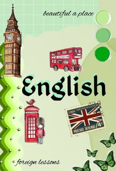 an english lesson for children with pictures of london and the british flag, including a red bus