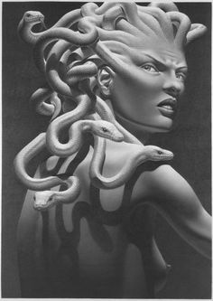 a black and white drawing of a woman with snakes on her head