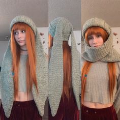 three pictures of a woman with long red hair wearing a gray sweater and matching scarf