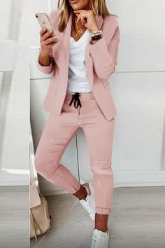 Pink Suit, Blazer Set, Workwear Fashion, Turndown Collar, Suit Fashion, Drawstring Pants