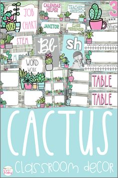 cactus classroom decor with the words cactus in pink and white on it, surrounded by photos