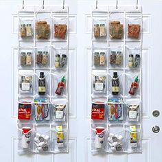 two white doors with clear plastic shelves holding spices and condiments