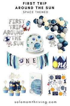 around the sun Space themed birthday, moon and space plates, high chair Banner, space cake topper, rocket ship and astronaut balloons Space Themed First Birthday, Birthday On A Budget, Solo Mom, Sun Space, Themed First Birthday, Silver Color Scheme, Space Theme Party, Picture Banner