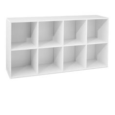 a white shelf with six compartments on each side