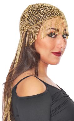 Cleopatra Beaded Belly Dancer Headpiece with Long Fringe - GOLD Gold Beaded Wedding Headpieces, Gold Adjustable Costume Hats For Carnival, Party Crown Headpiece With Beads, Gold Costume Hats And Headpieces For Carnival, Adjustable Gold Headband For Festive Occasions, Gold Crown Headpiece For Festivals, Gold Headpieces For Party And Festival, Adjustable Embellished Festival Headpieces, Festival Adjustable Embellished Headpieces