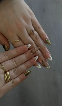 Gel X Gold Nails, Nails With Gold Detailing, Almond Nails With Gold Accent, Pointy Gold Nails, Birthday Capricorn Nails, Gold Frenchies Nails, Nail Inspo Short Stilleto, Gold And Wine Nails, Royalcore Nails