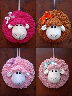 crocheted sheep ornament hanging on clothes pins in four different colors and sizes