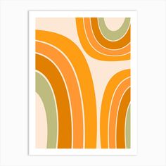 an orange and green abstract art print with circles on the bottom, in white frame