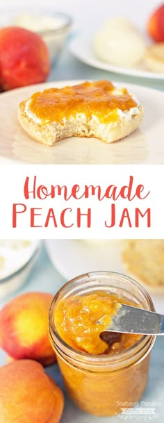 homemade peach jam in a glass jar and on a plate next to fresh peaches