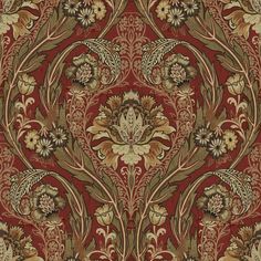 an intricately designed wallpaper with flowers and leaves in red, beige and gold colors