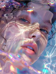 a woman is submerged in the water with bubbles around her and she has blue eyes