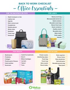 the back to work checklist for office essentials, including lunch bags and diapers