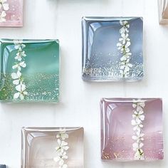 four square glass plates with flowers on them