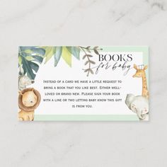 a baby shower book request card with animals and leaves on the front, in white marble background