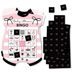 a baby shower game with pink and black designs on the front, and white stripes