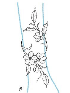 a drawing of flowers and leaves on a white background with blue lines in the foreground