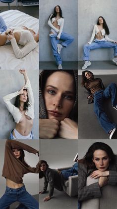 a collage of photos with women in jeans