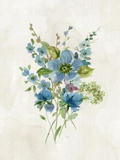 a painting of blue flowers on a white background