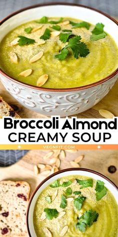 2 pictures one showing ingredients and another showing Broccoli Almond Cream soup in a white bowl served with roasted almonds.