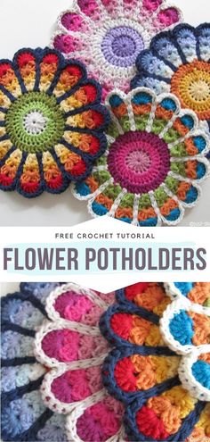 crocheted flower potholders with text overlay that says free crochet pattern