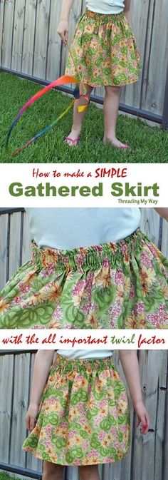 Learn how to sew a simple gathered skirt. Measurements provided for ages 2 - 5. Tutorial shows how to work with your own measurements ~Threading My Way