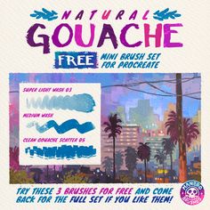 an advertisement for the new gouache brand with palm trees and buildings in the background