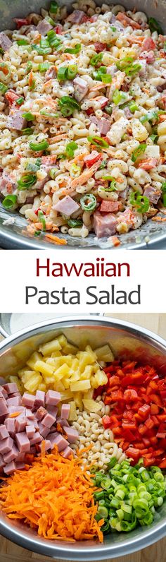 two pictures showing different types of food in the same pan, one with pasta and the other with ham