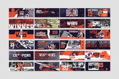 multiple banners with different sports teams and numbers on them, all in orange and black