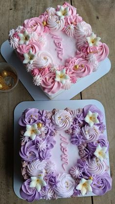 two cakes decorated with flowers on top of each other, one is pink and the other is purple