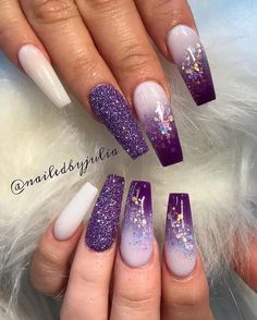 Purple and white ombre effect with glitters on coffin nails Purple Nail Art, Purple Acrylic Nails, Purple Nail Designs, Purple Nail, Ombre Nail Designs, Short Acrylic Nails Designs, Nail Designs Glitter, Coffin Nails Designs, Fire Nails