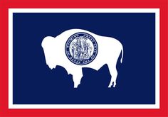 the state flag of wyoming is shown in red, white and blue with an image of a bison