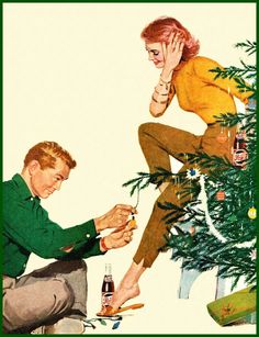 a man and woman decorating a christmas tree with beer bottles on the table next to them