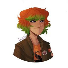 an orange haired girl with green hair and brown leather jacket is looking at the camera