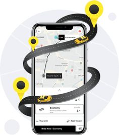 a cell phone with two yellow cars on the road and an app that says taxi