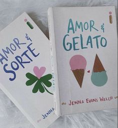 two children's books about gelato and an ice cream cone are on a white sheet