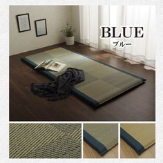 the blue mat is laying on the floor next to a potted plant and pictures