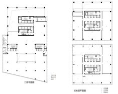 three diagrams showing the different sections of an office building, with one floor and two floors